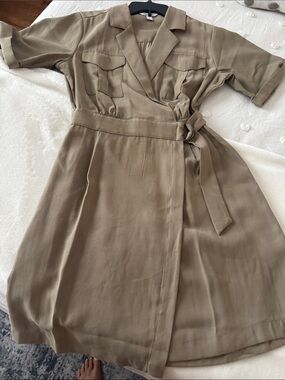Nine West Taupe Wrap-Style Midi Dress with Utility Pockets